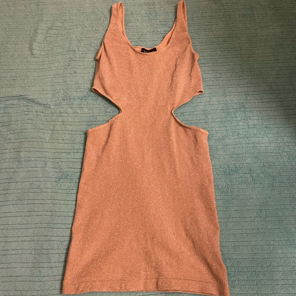 bebe metallic side cutout bodycon dress tubular